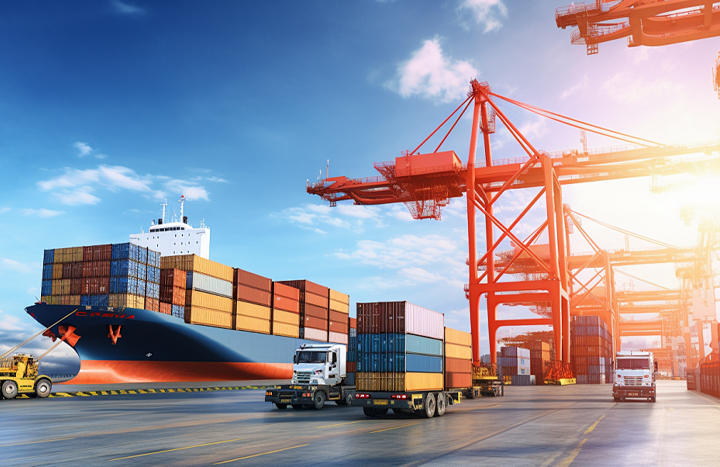 Shipping port with containers and cranes